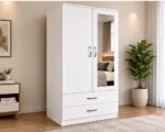 Modern 2 Door Wardrobe with Mirror and Drawers – White Bedroom Storage Furniture - Image 2