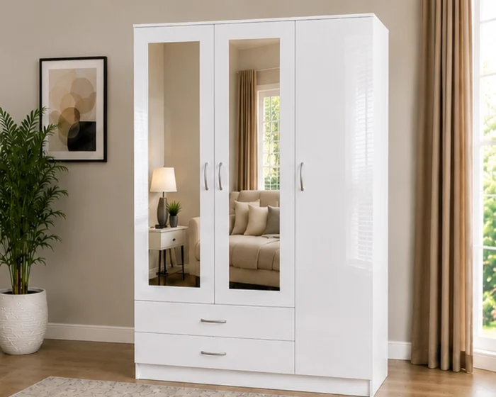White 3 Door Wardrobe – 3 Door Wardrobe with 2 Mirrors & 2 Drawers